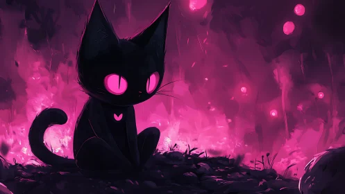Glowing eyed black cat sits in vivid neon pink forest