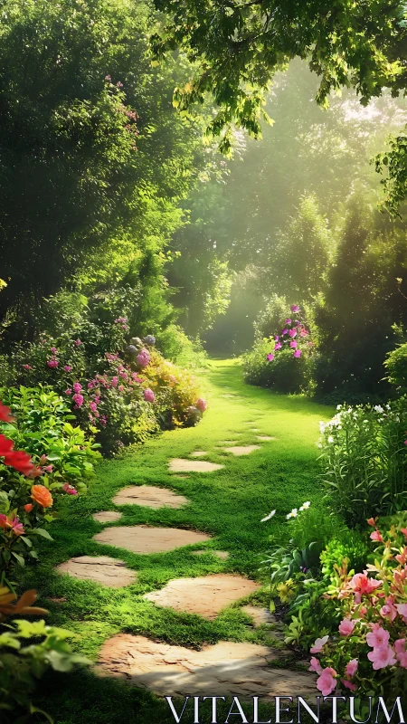 Sunlit garden path with irregular stone pavers and dense floral borders