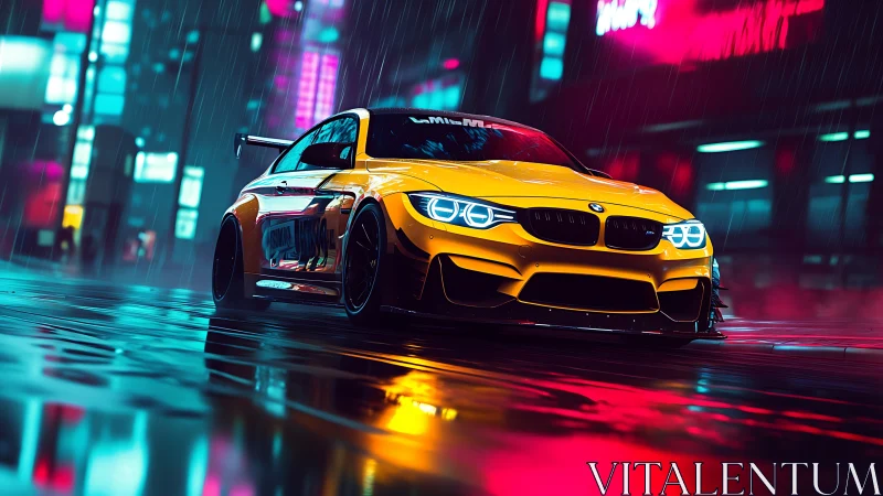 Yellow sports coupe drifts on wet neon city street at night