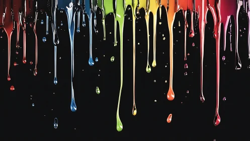 Photorealistic vertical drips of multicolor glossy paint on black.
