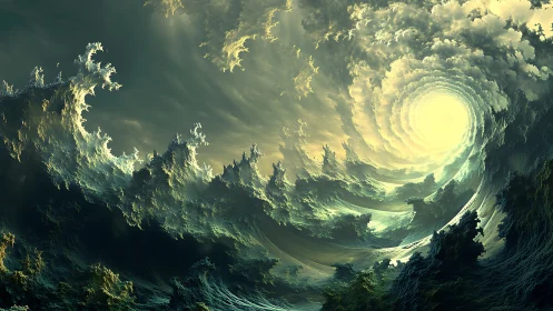 Surreal vortex of clouds and waves around bright glowing sun.