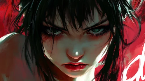 Intense green-eyed femme fatale glares through crimson fury