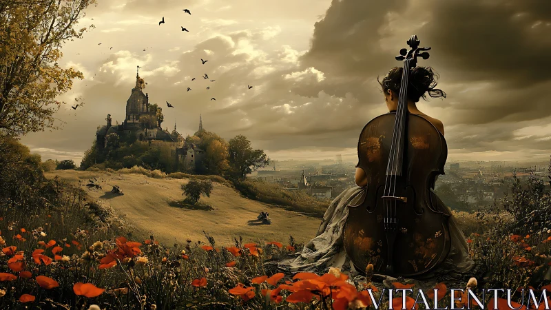 Woman with cello observes distant hilltop castle under clouds