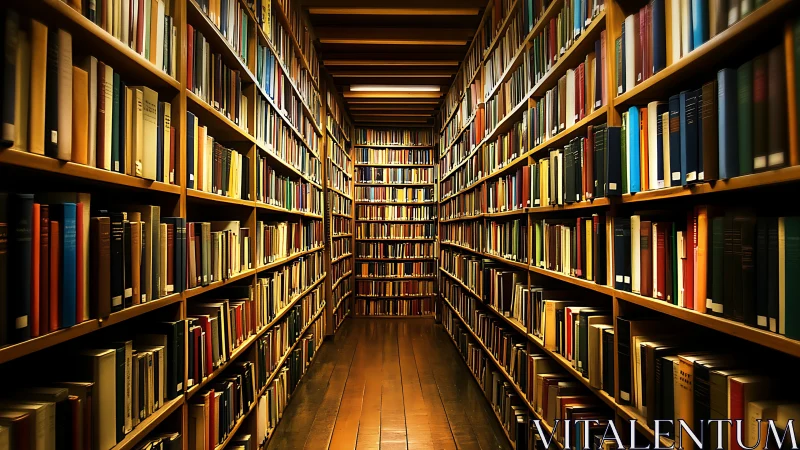 Long library aisle shows tall shelves filled with books