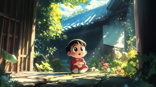 Child in red kimono under dappled sunlight in rustic garden courtyard