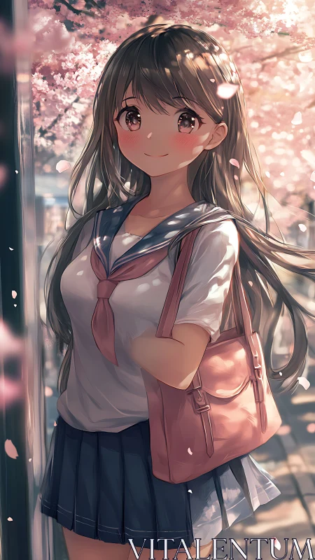Smiling schoolgirl beneath glowing cherry blossoms at dusk.