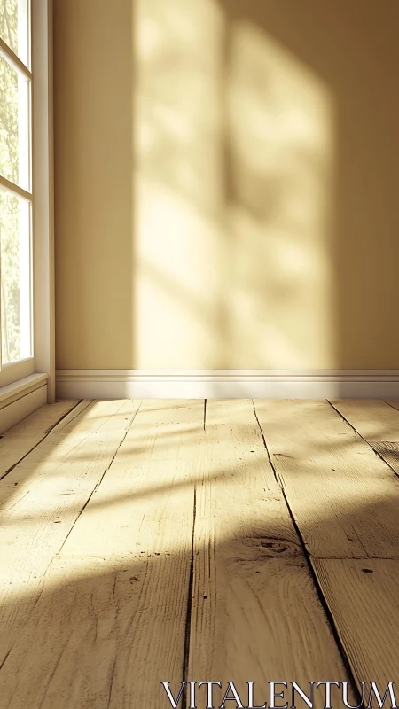 Sunlit wooden floor and wall illuminated through tall window