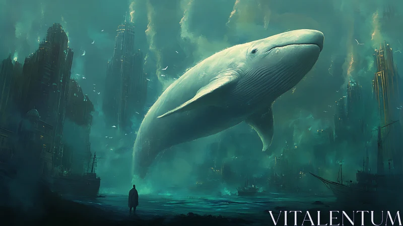 Ethereal Whale Above Submerged Neon Metropolis Composition.