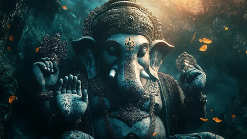 Serene elephant deity bathed in soft underwater light.