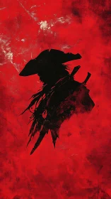 Shadowed wanderer outlined against a stormy red sky.