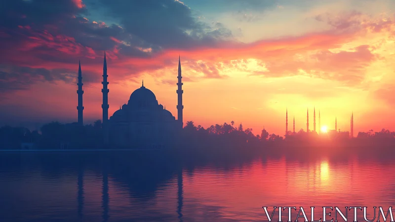 Sunset mosque silhouette with mirrored minarets over calm water