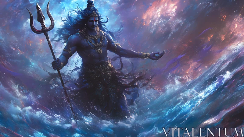 Mythic blue deity with trident emerging from turbulent ocean