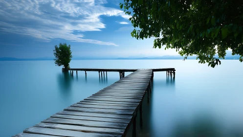 Long-exposure wooden pier over tranquil cyan lake at dawn