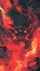 Infernal tri-eyed fire demon emerging from swirling embers