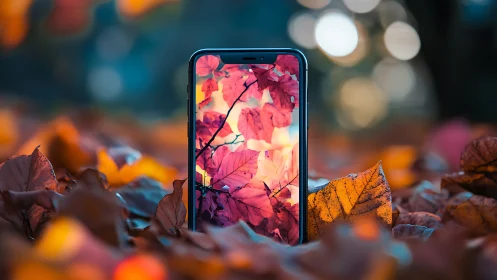 Smartphone standing among autumn leaves with screen reflection.