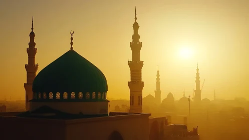 Mosque domes and minarets glow through golden sunset haze