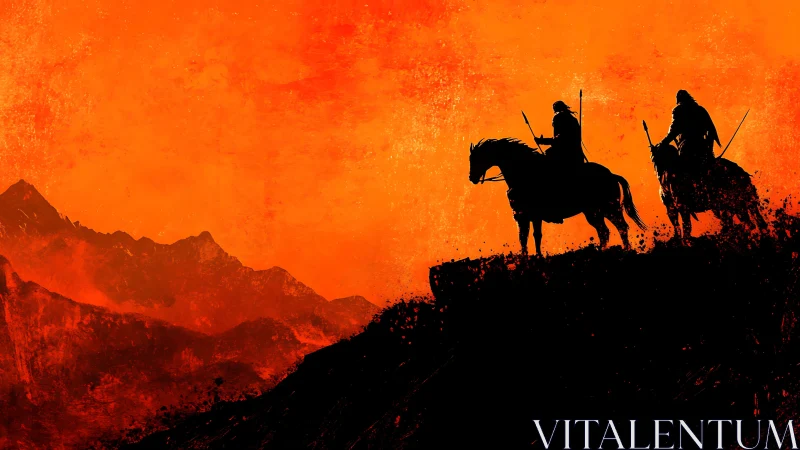 Silhouetted mounted warriors survey mountains at fiery dusk.