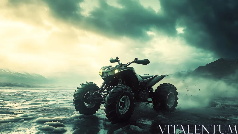 Quad bike on icy terrain under dense storm clouds.