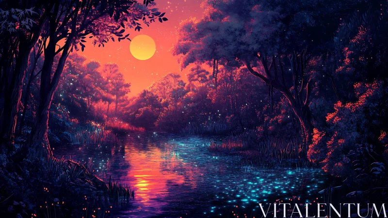 Luminescent forest wetland with celestial sun and bioluminescent water.