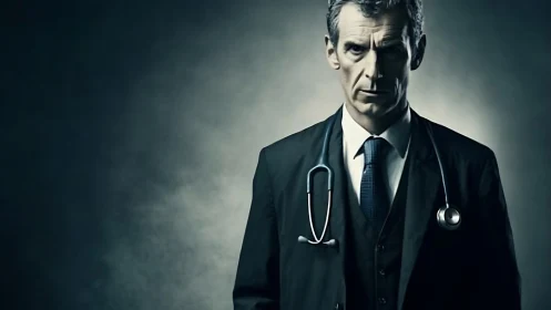 Calm doctor in a dark suit framed by quiet studio light.