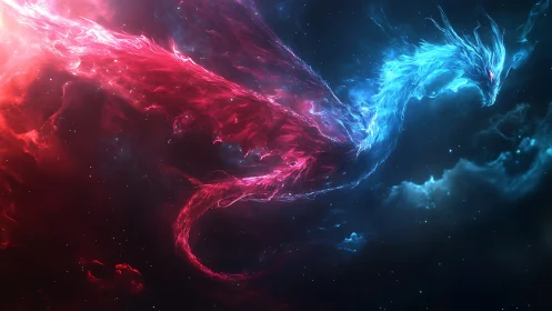 Cosmic phoenix dragon splits into red and blue nebulae.