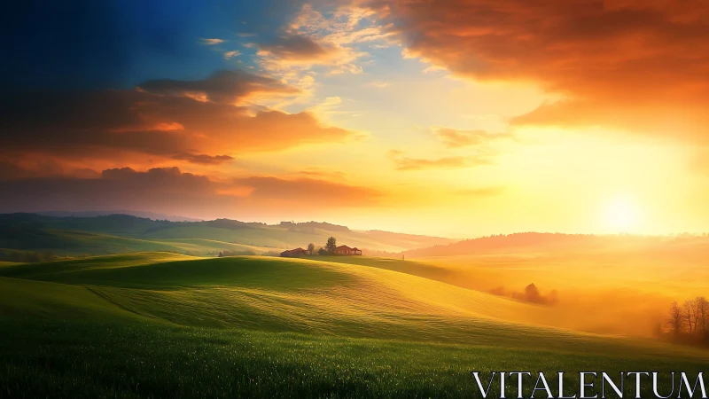 Sunrise over layered rural hills with distant farmhouse complex.