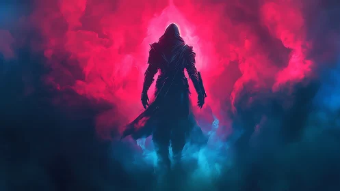 Hooded warrior silhouette walks into neon mist portal