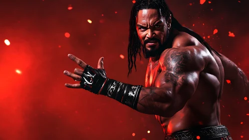 Powerful fighter lunging forward under intense red lighting