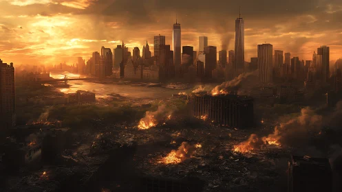 Burning ruins smolder beneath a silent, golden city skyline