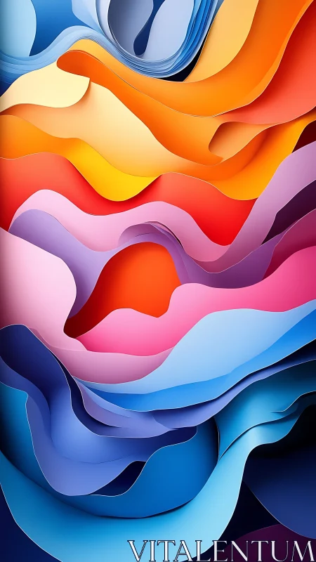 Layered chromatic paper waves in abstract vertical composition.