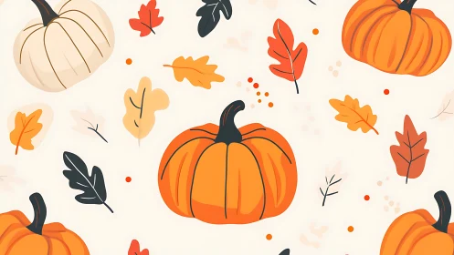 Playful autumn pumpkins with scattered leaves pattern.