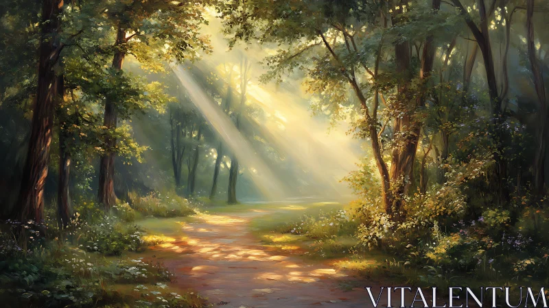 Sunlit Forest Path Through Dense Woodland