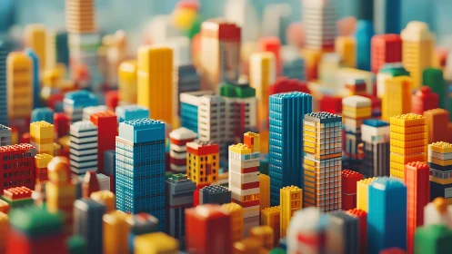 Color-saturated toy skyscraper skyline rendered in shallow focus