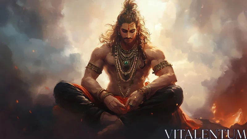 Mystical warrior in meditation amid glowing clouds.