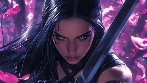 Focused katana warrior amid neon petals in motion.