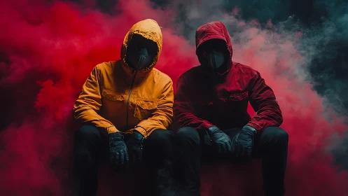 Hooded masked duo in dense red smoke, low key portrait