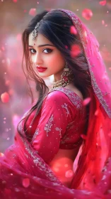 Chromatic portrait of sari-clad subject in dynamic bloom field.