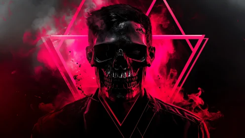 Black skull-faced figure in neon red smoke portrait.