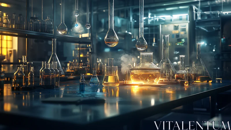 Alchemical nightshift in a neon-lit laboratory of glowing glass.