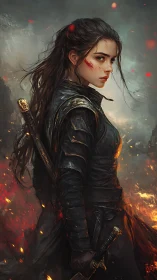 Digital painting of battle-scarred warrior in ember-lit armor.