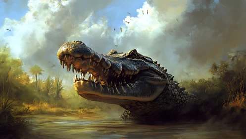 Primeval crocodile lunges from misted river shallows.