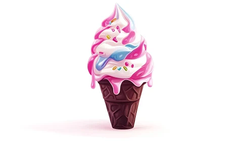 Swirled pastel ice cream cone in glossy digital illustration.