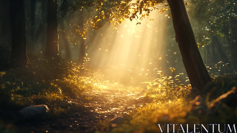 Golden Forest Rays Through Ancient Trees. Transcendent Woodland Illumination.