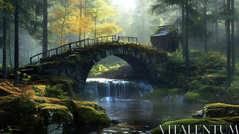 Arched stone bridge spans misty forest creek in soft morning light