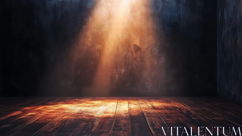 Solitary sunbeam ignites a moody wooden floor stage.