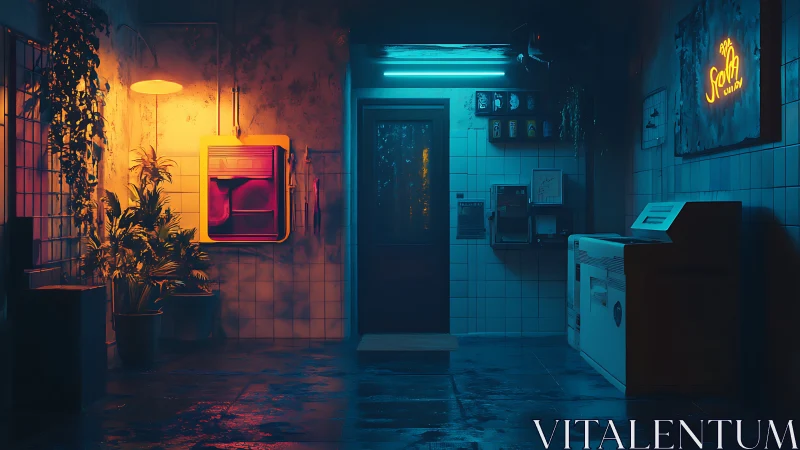 Neon lit service hallway with retro machines at night.