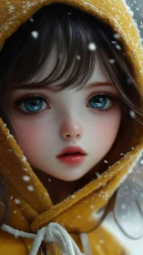 Snowlit blue-eyed girl wrapped in honey-gold winter hood.