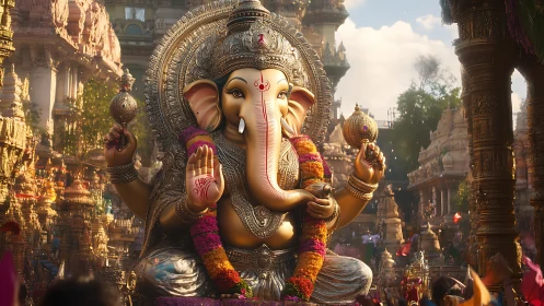 Gilded Lord Ganesha enthroned amid jubilant temple splendor.
