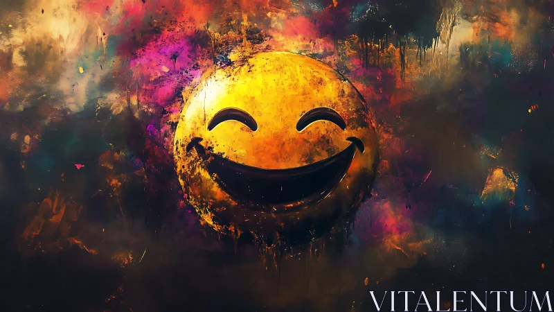 Smiling yellow emoji face glows inside chaotic paint cloud