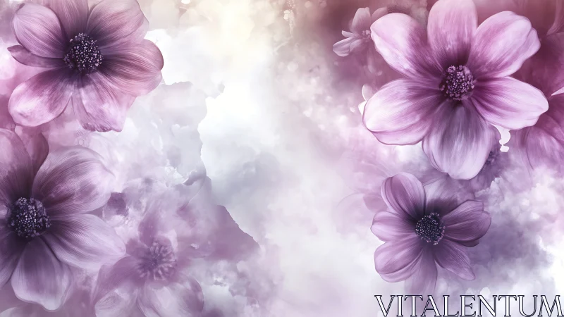 Purple Cosmos Blooms: Digital Floral Composition With Ethereal Soft Focus.